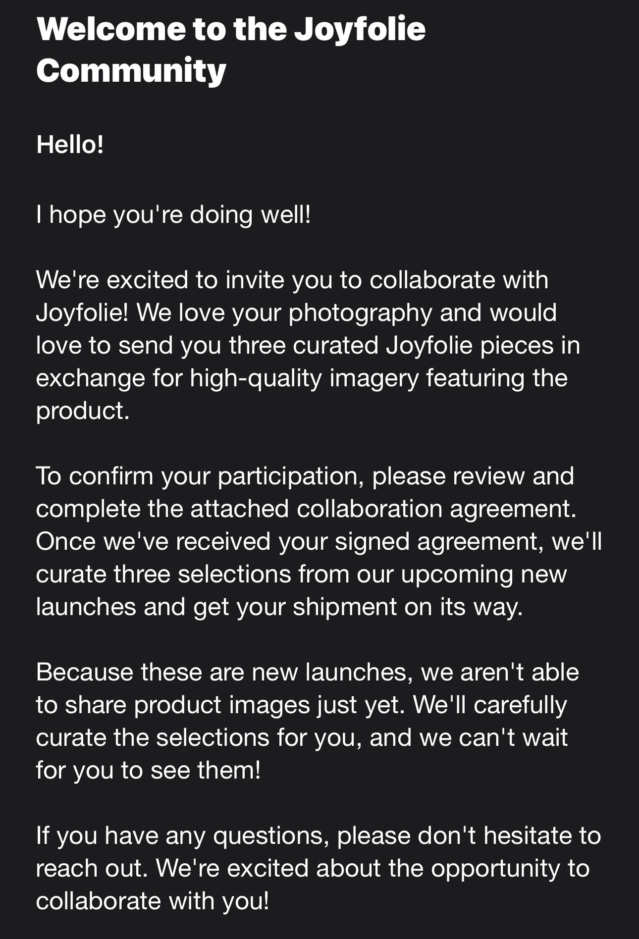 Welcome email from Joyfolie inviting a photographer to collaborate in exchange for curated pieces.
