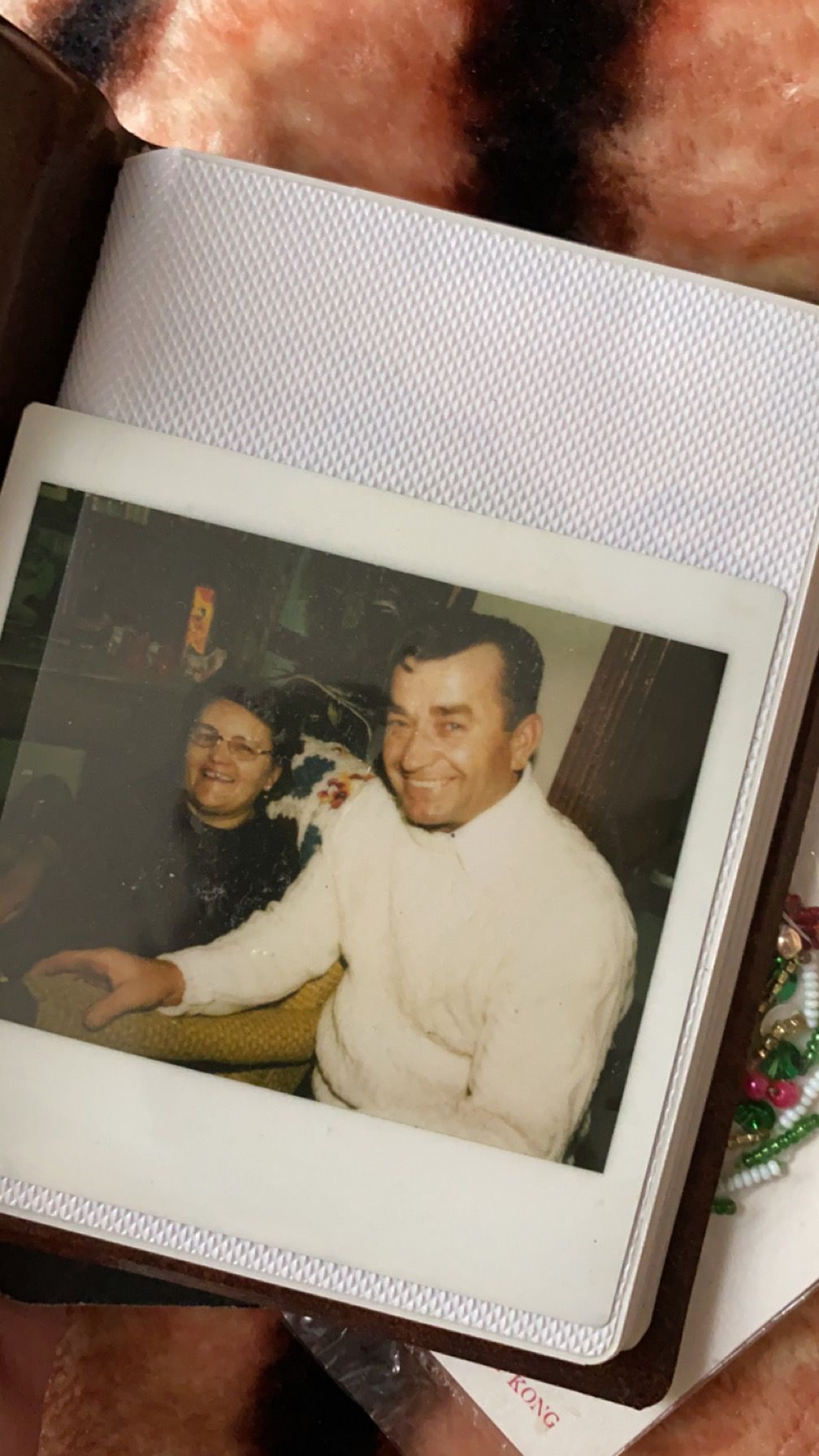 Vintage polaroid photo of smiling couple with a small dog at home.