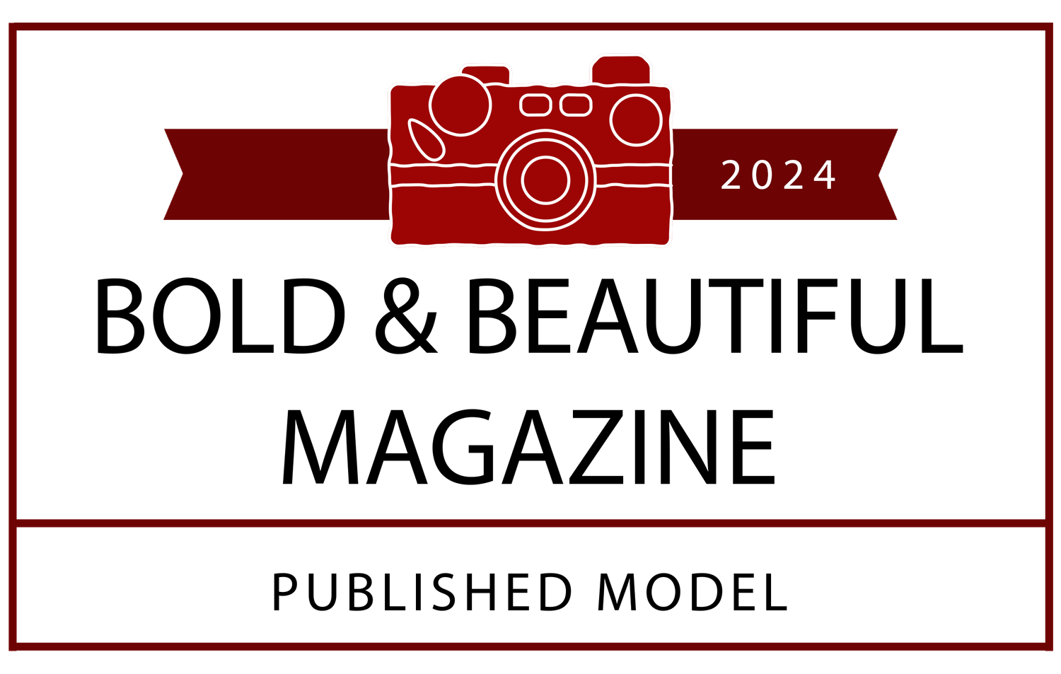 2024 Bold & Beautiful Magazine Published Model badge with red camera icon.