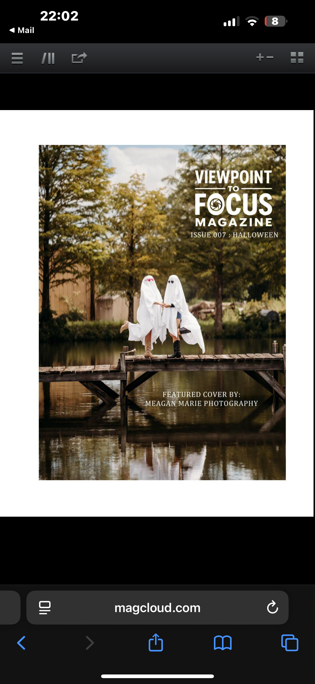 Viewpoint to Focus Magazine Issue 007 Halloween cover featuring two ghost costumes on a wooden dock over a reflective pond.