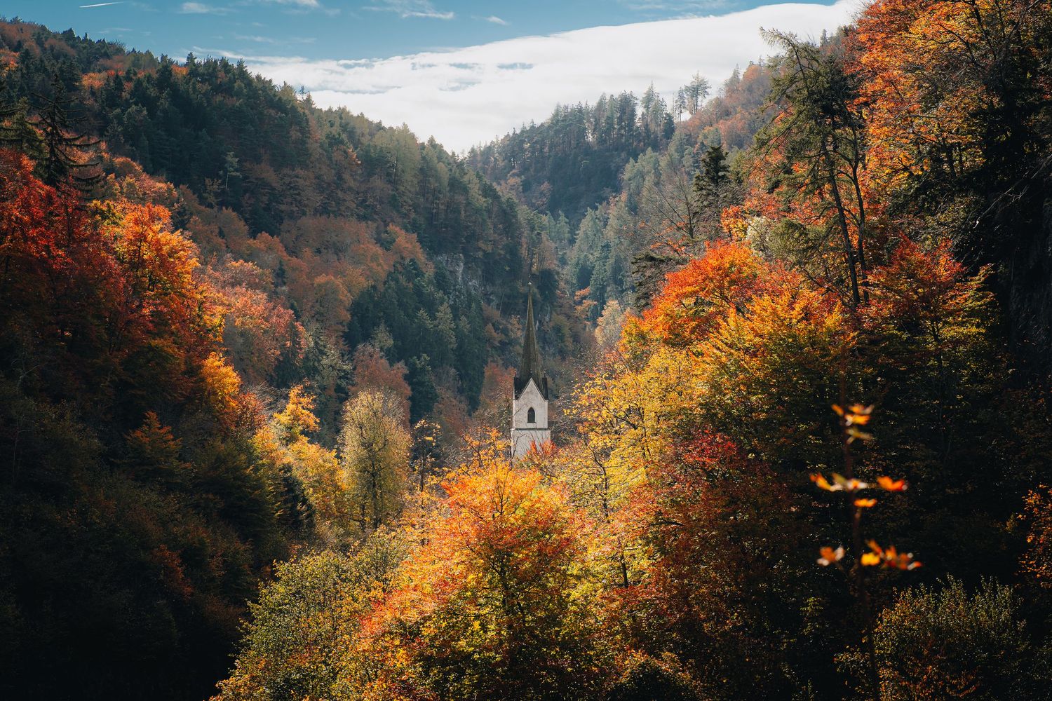 A small church steeple emerges from vibrant autumn foliage in a misty mountain valley with colorful fall trees.
