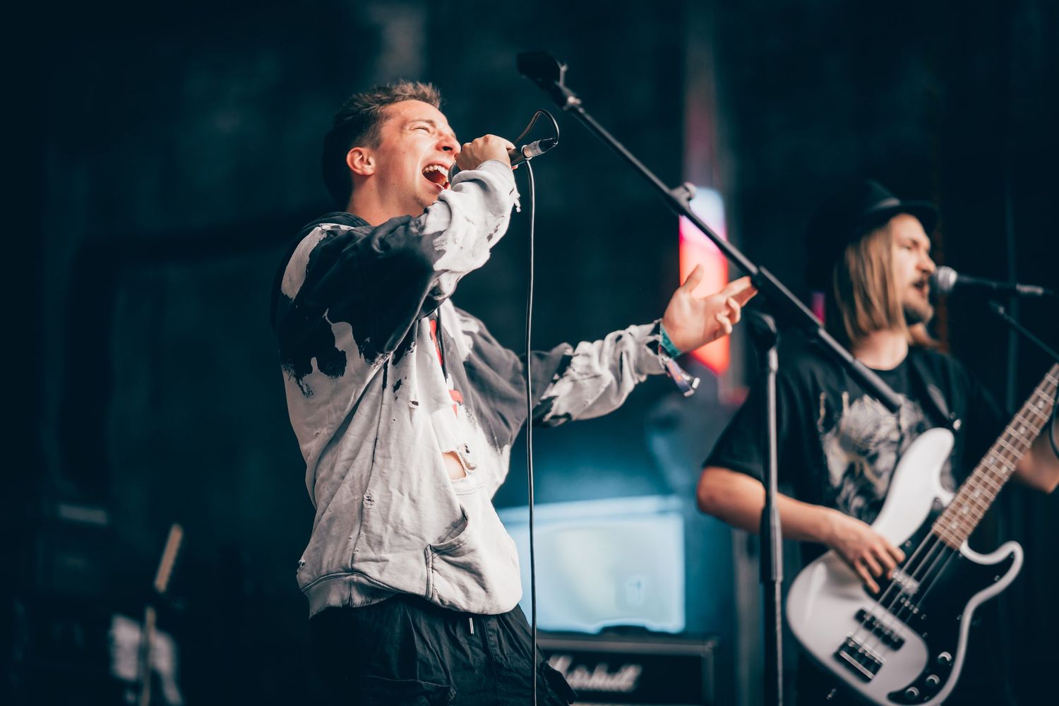 Two rock band members perform on stage, vocalist singing passionately into microphone with bassist behind.