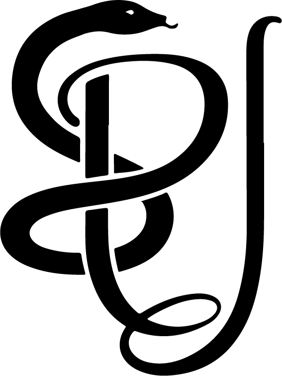 Black snake wrapped around a rod symbol, caduceus medical logo design in silhouette style.