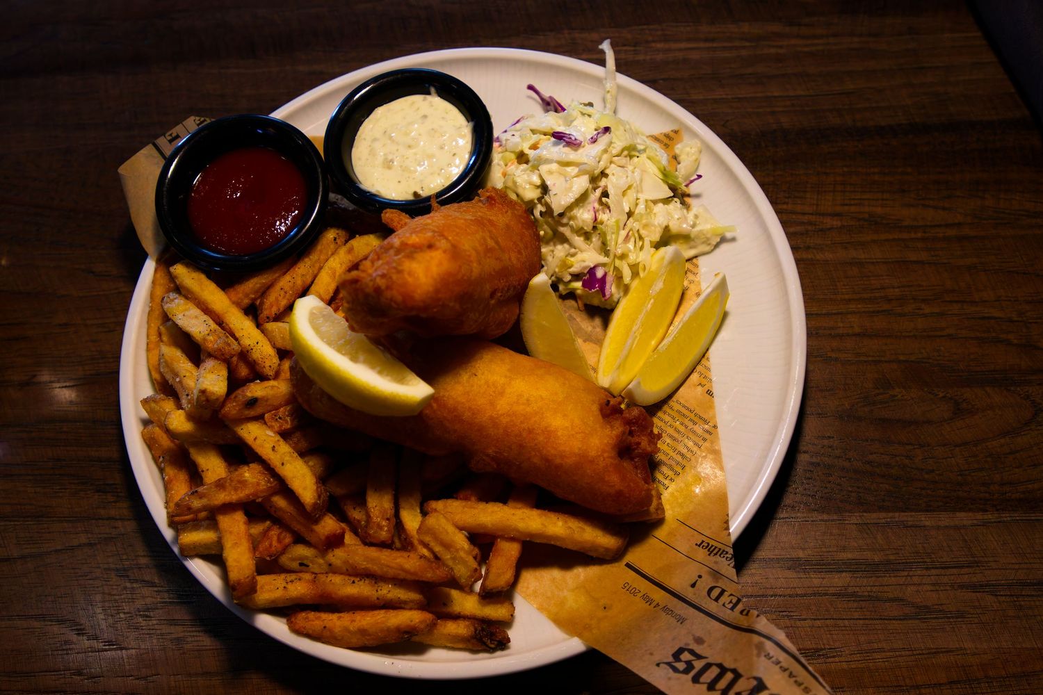 Fish and chips top-down view dish