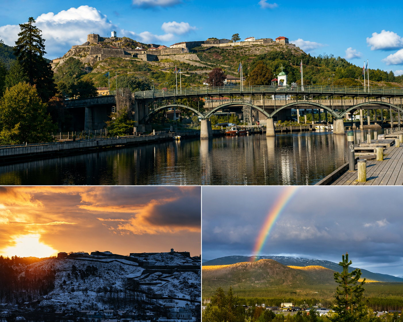 Scenic collage of a river bridge, golden sunset over snowy hills, and a vibrant rainbow over green mountains.