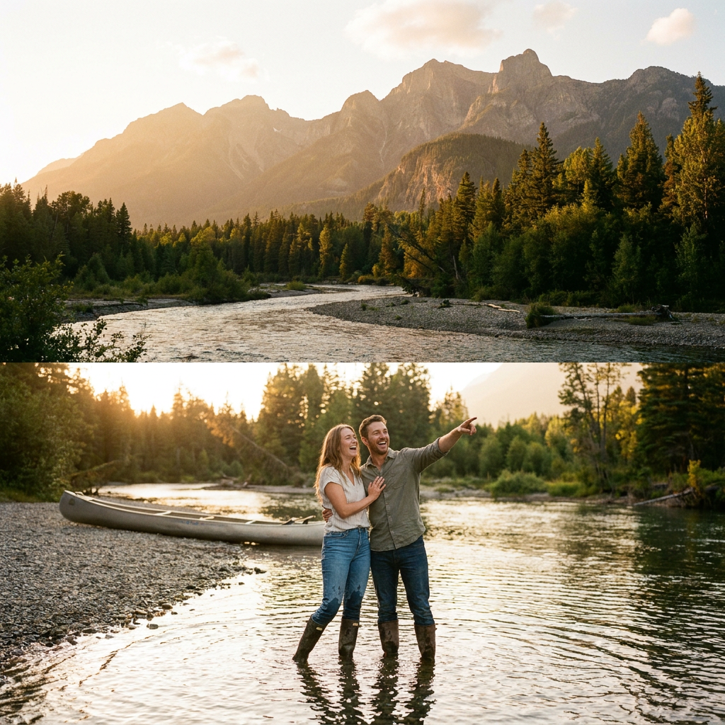 Couple standing in a shallow river with a canoe, surrounded by pine trees and mountains at golden sunset.