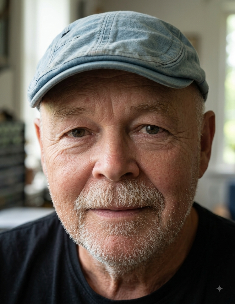 Close-up portrait of an older man wearing a blue flat cap and black shirt, with a gray goatee, smiling warmly.