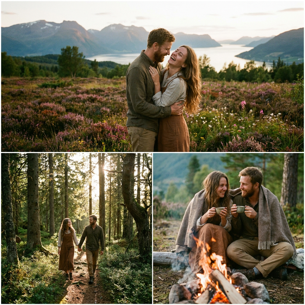 Romantic couple embracing in a wildflower meadow with mountain lake views, walking through sunlit forest, and sitting by a campfire.