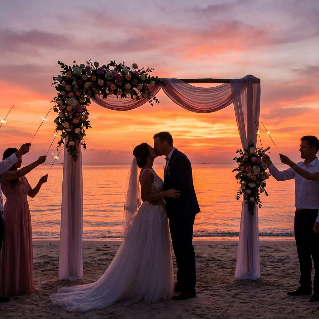 Couple kissing under floral arch at beach wedding ceremony during stunning pink and orange sunset.