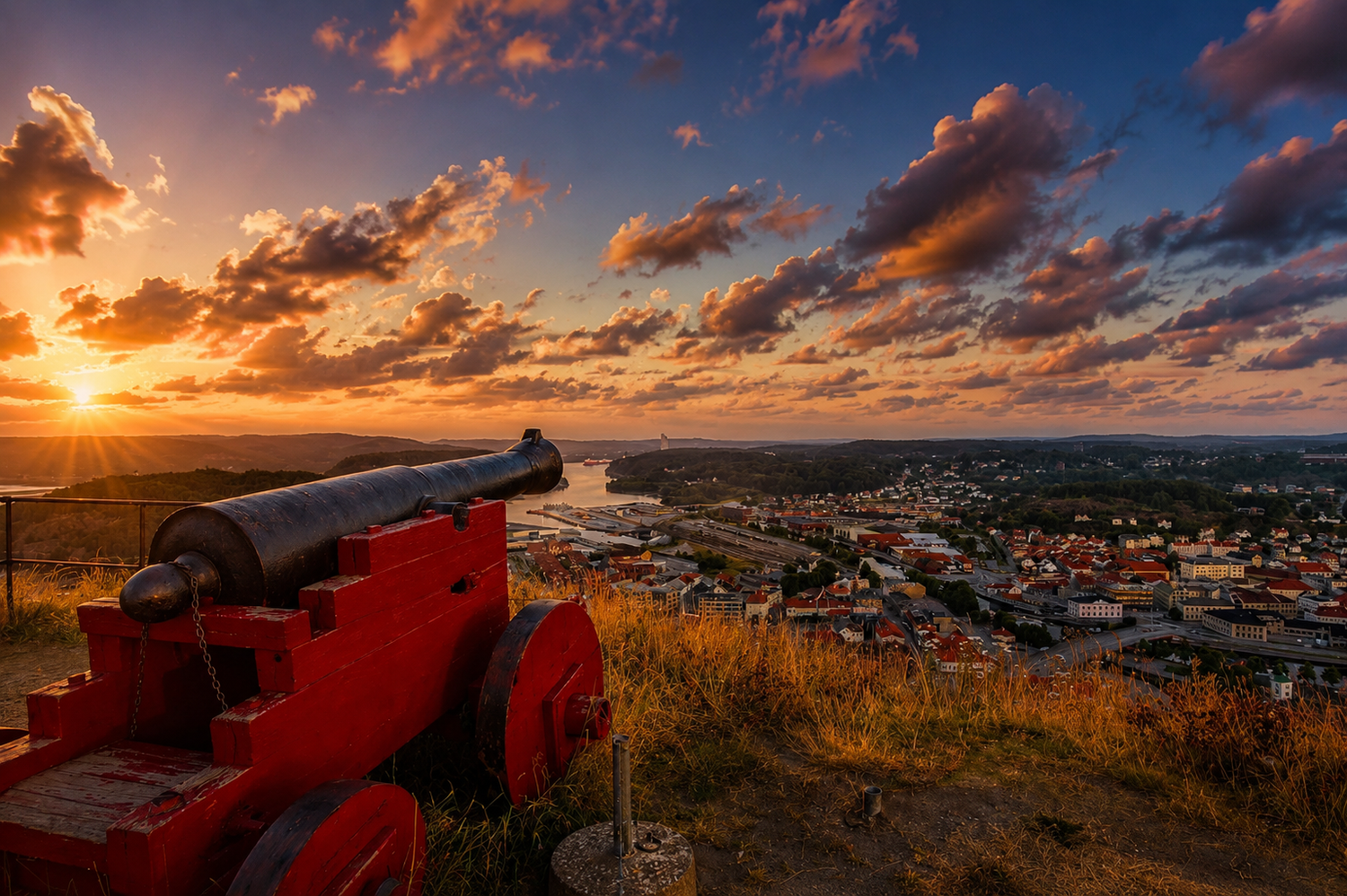 Red cannon on hilltop overlooks a riverside town at sunset with dramatic colorful clouds filling the sky.