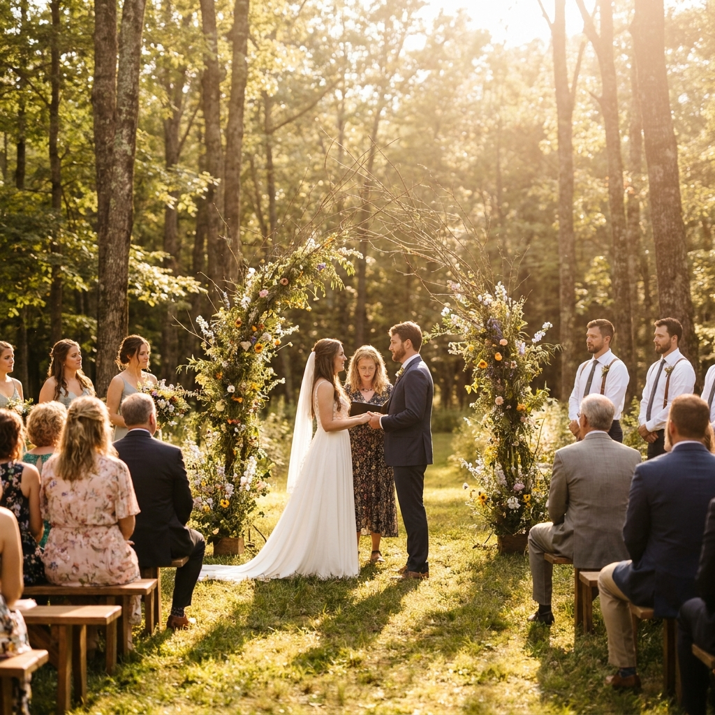 Outdoor woodland wedding ceremony with couple at floral arch, guests seated on chairs in sunlit forest clearing.