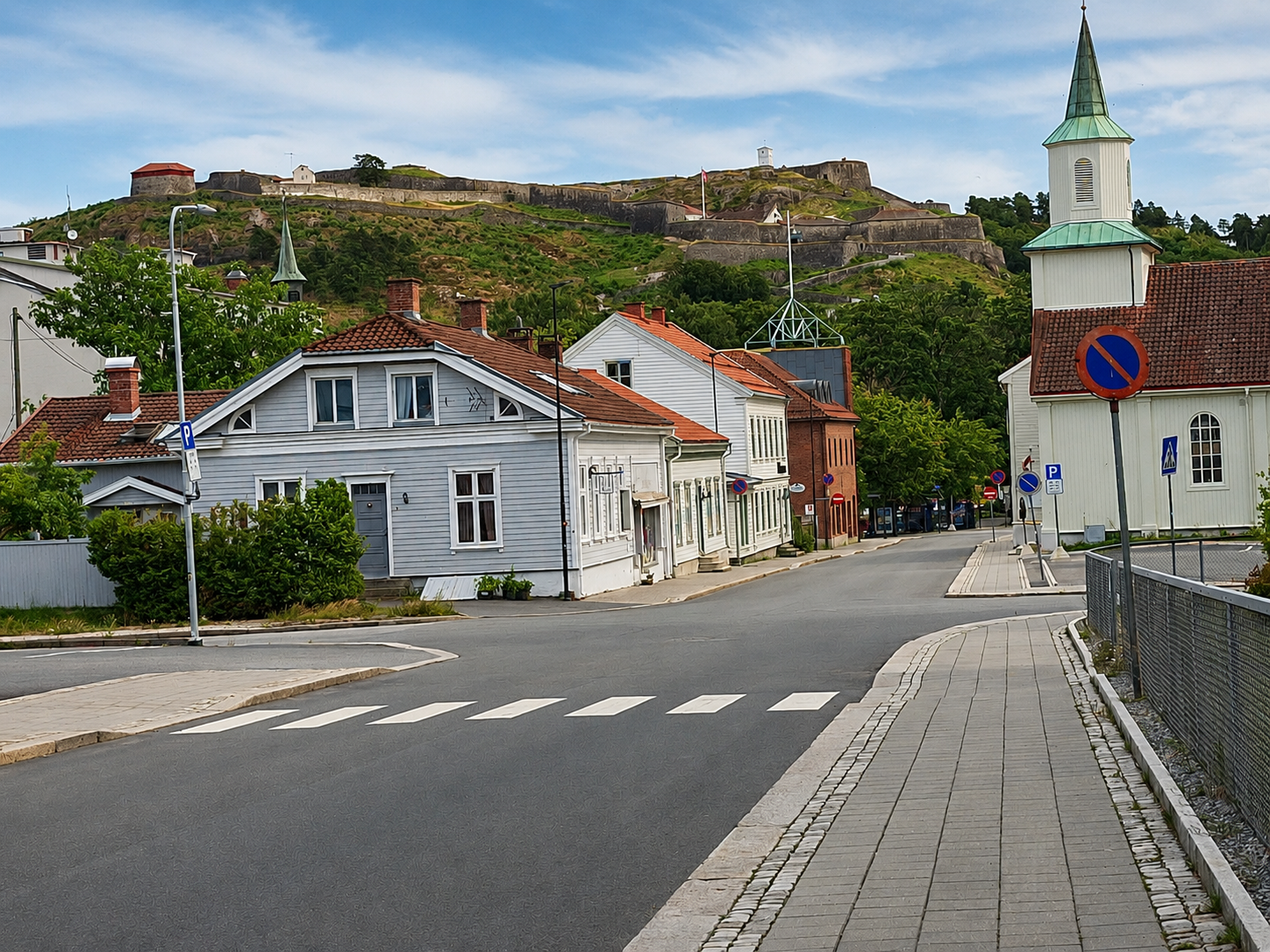 Charming Norwegian coastal town street with white wooden houses, a church steeple, and a hilltop fortress under blue skies.