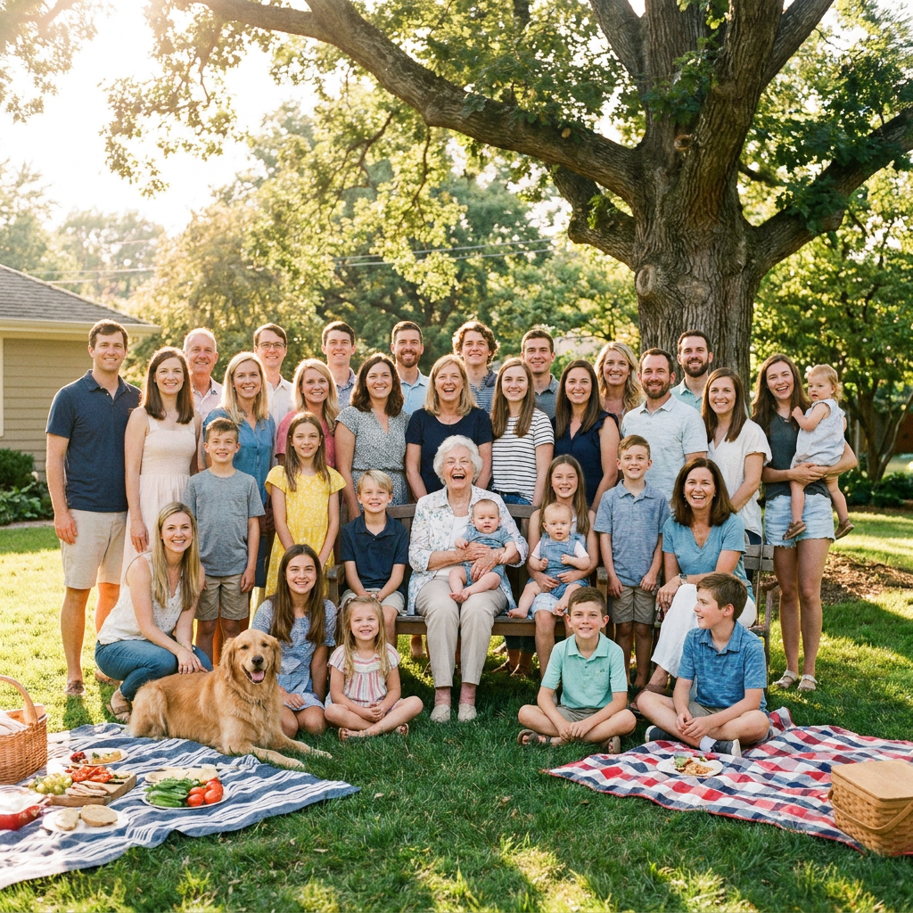 Large multigenerational family portrait outdoors under oak tree on sunny day with golden retriever on picnic blanket.
