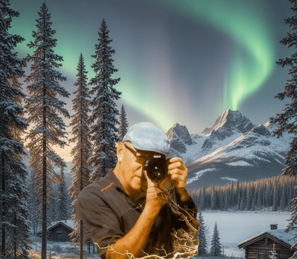 Man photographing northern lights over snowy mountain forest with aurora borealis glowing green in winter sky.