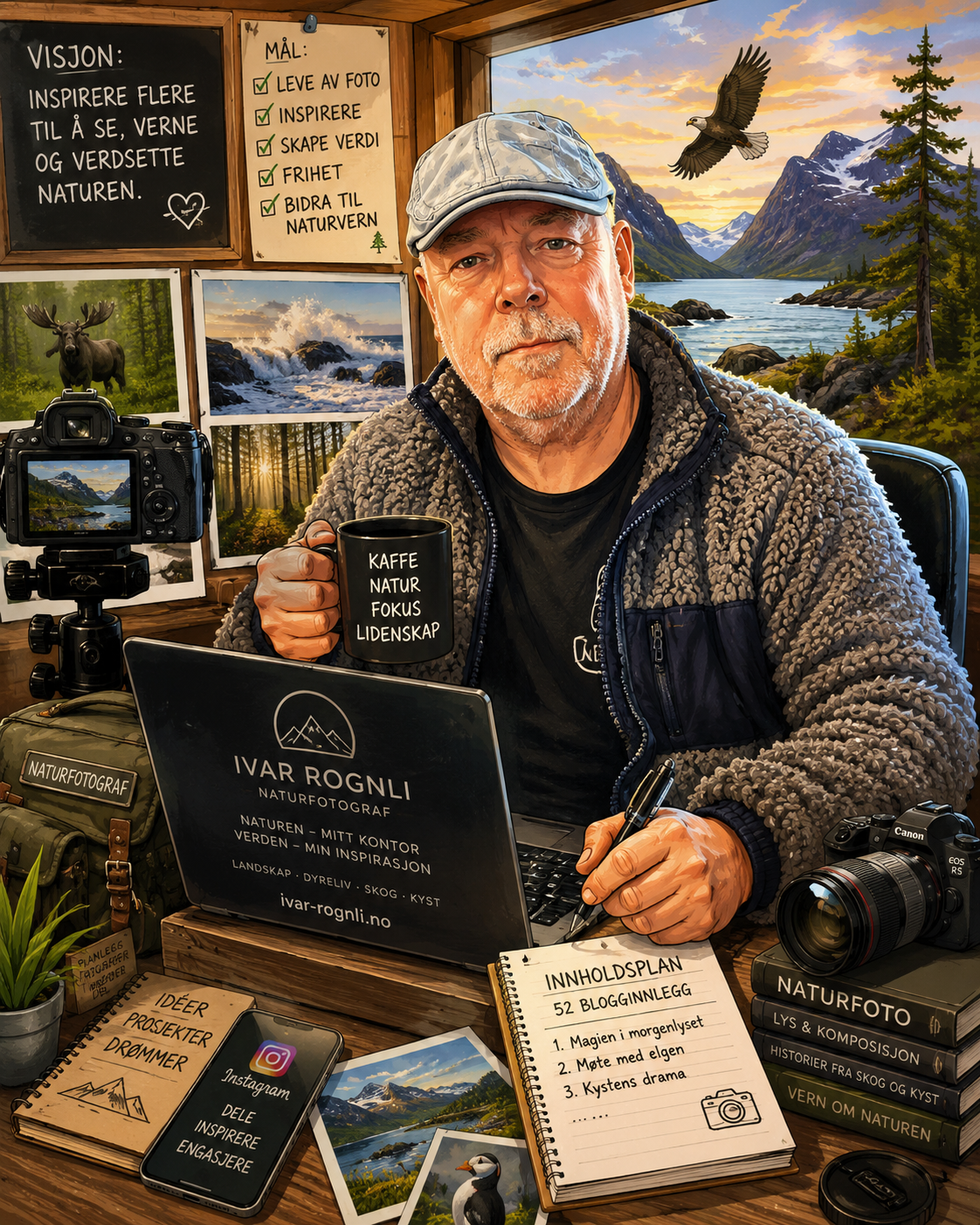 Norwegian nature photographer Ivar Rognli sits at desk with camera, laptop, coffee mug, and notebooks in rustic workspace.