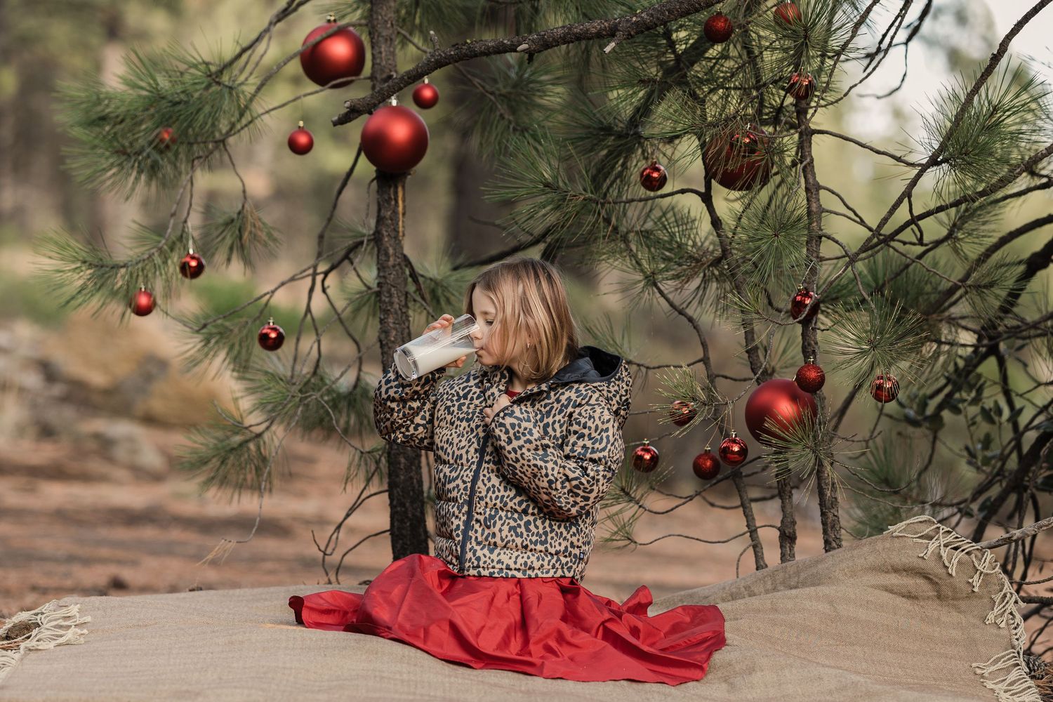 Young girl in leopard jacket and red skirt sitting under pine tree decorated with red Christmas balls.