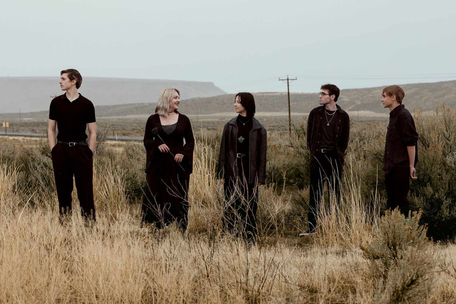 Gothic music band posing in tall dry grass field with dramatic overcast sky and mesa landscape.