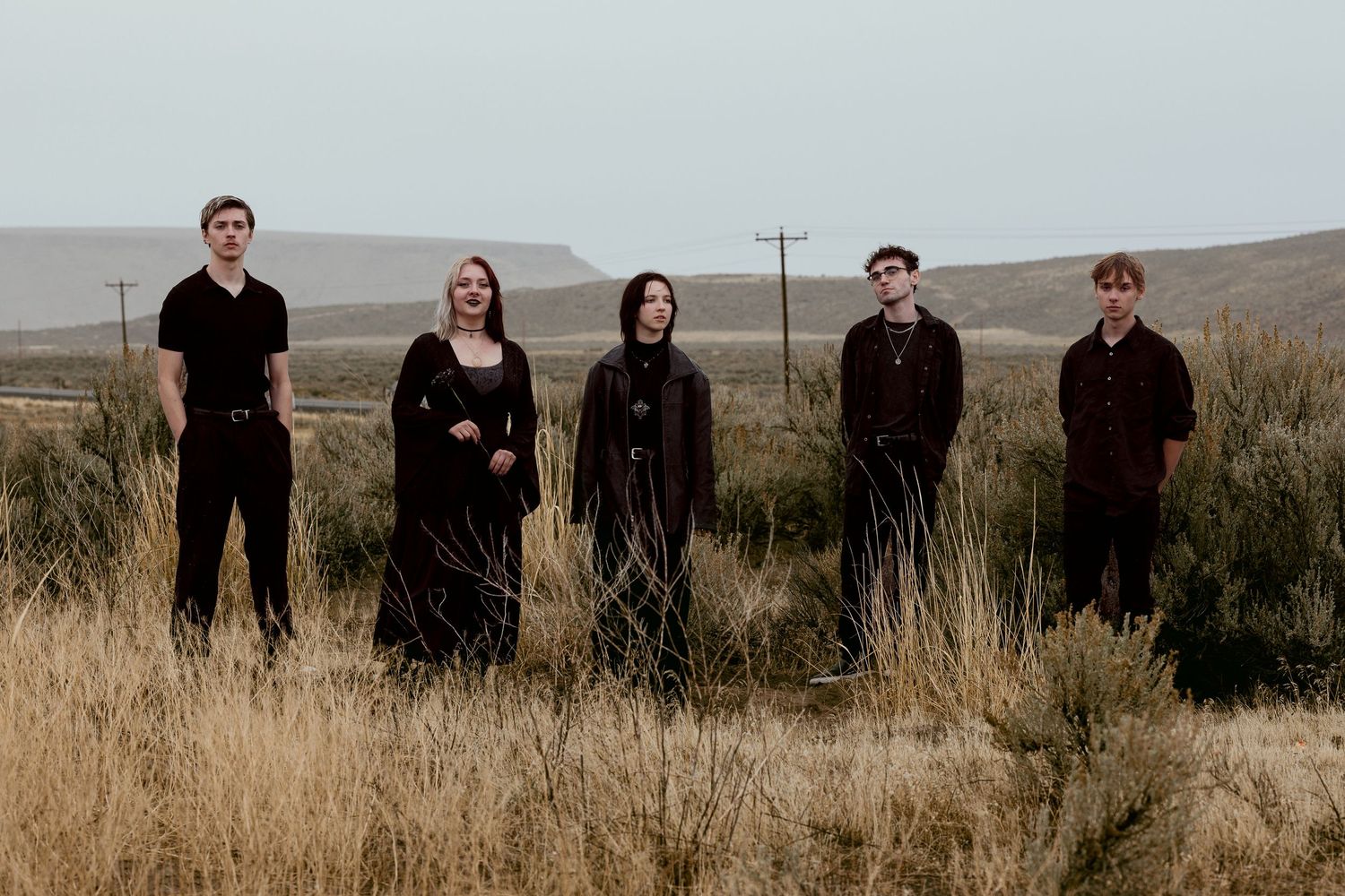 Five people in dark gothic attire standing in a misty open field with hills in the background.
