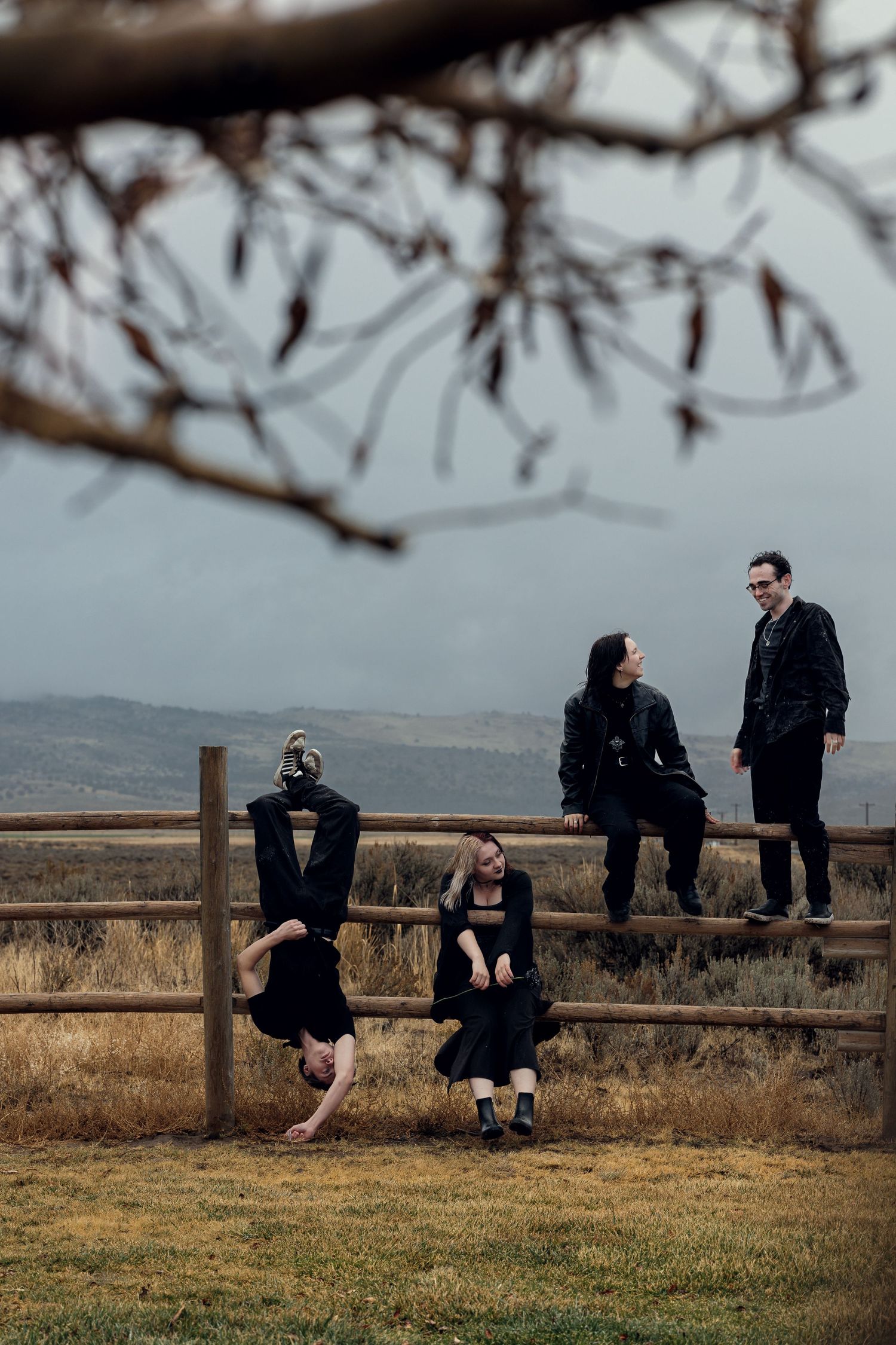 Four people dressed in black pose playfully on and around a wooden fence beneath bare tree branches in a rural field.