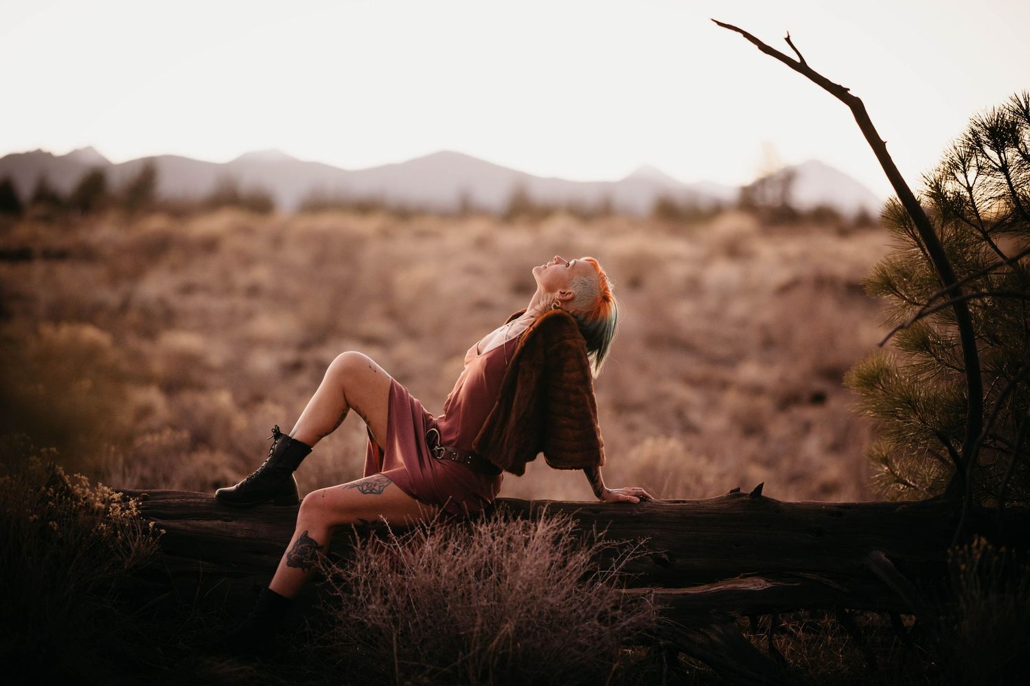 Woman in burgundy dress reclines on fallen log in expansive desert at sunset.