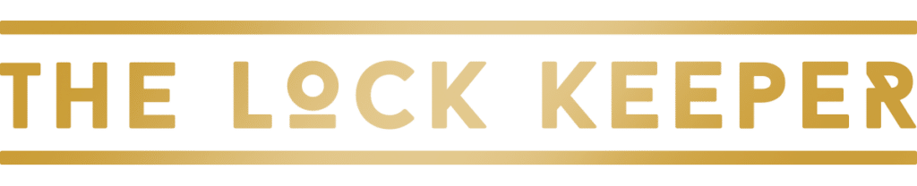 Gold text logo reading The Lock Keeper on a white background in an elegant serif font.