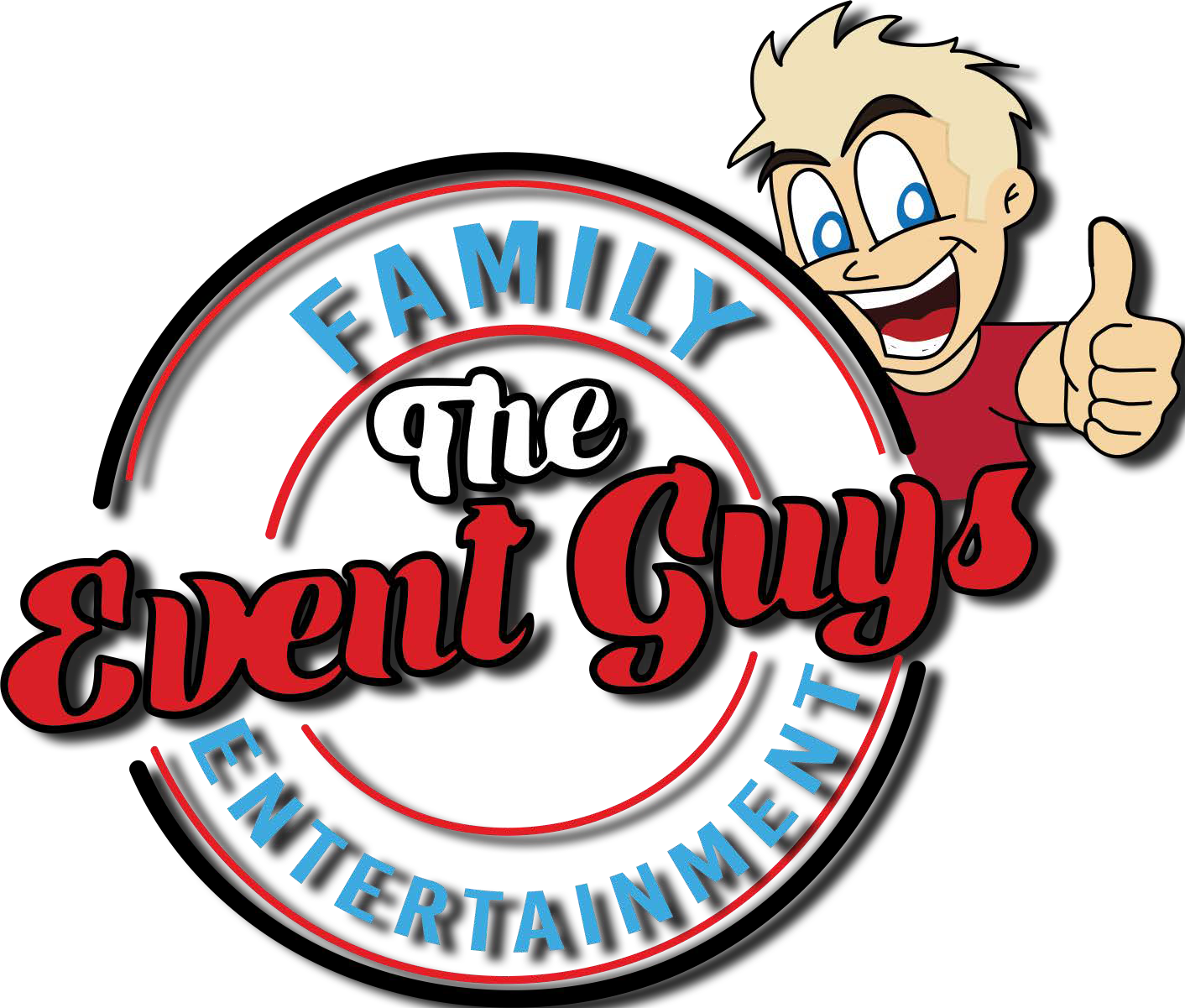 The Event Guys Family Entertainment logo featuring a cartoon boy giving thumbs up with bold red and black text.
