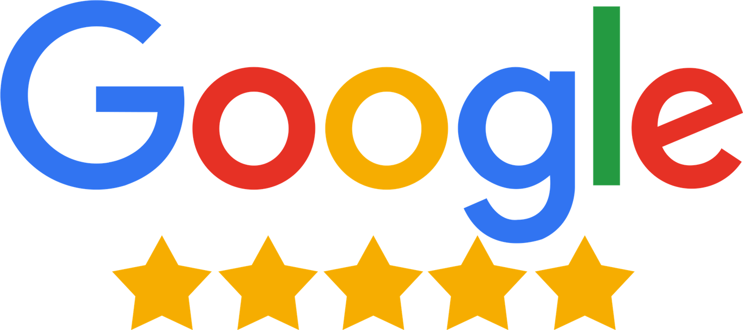 Google five star rating logo with colorful Google text and gold stars on white background.