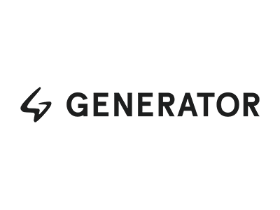 Generator brand logo featuring a lightning bolt icon and bold sans-serif typography on white background.