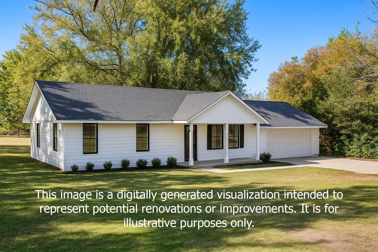 Modern white ranch-style home with black trim and windows rendered as a digital renovation concept.