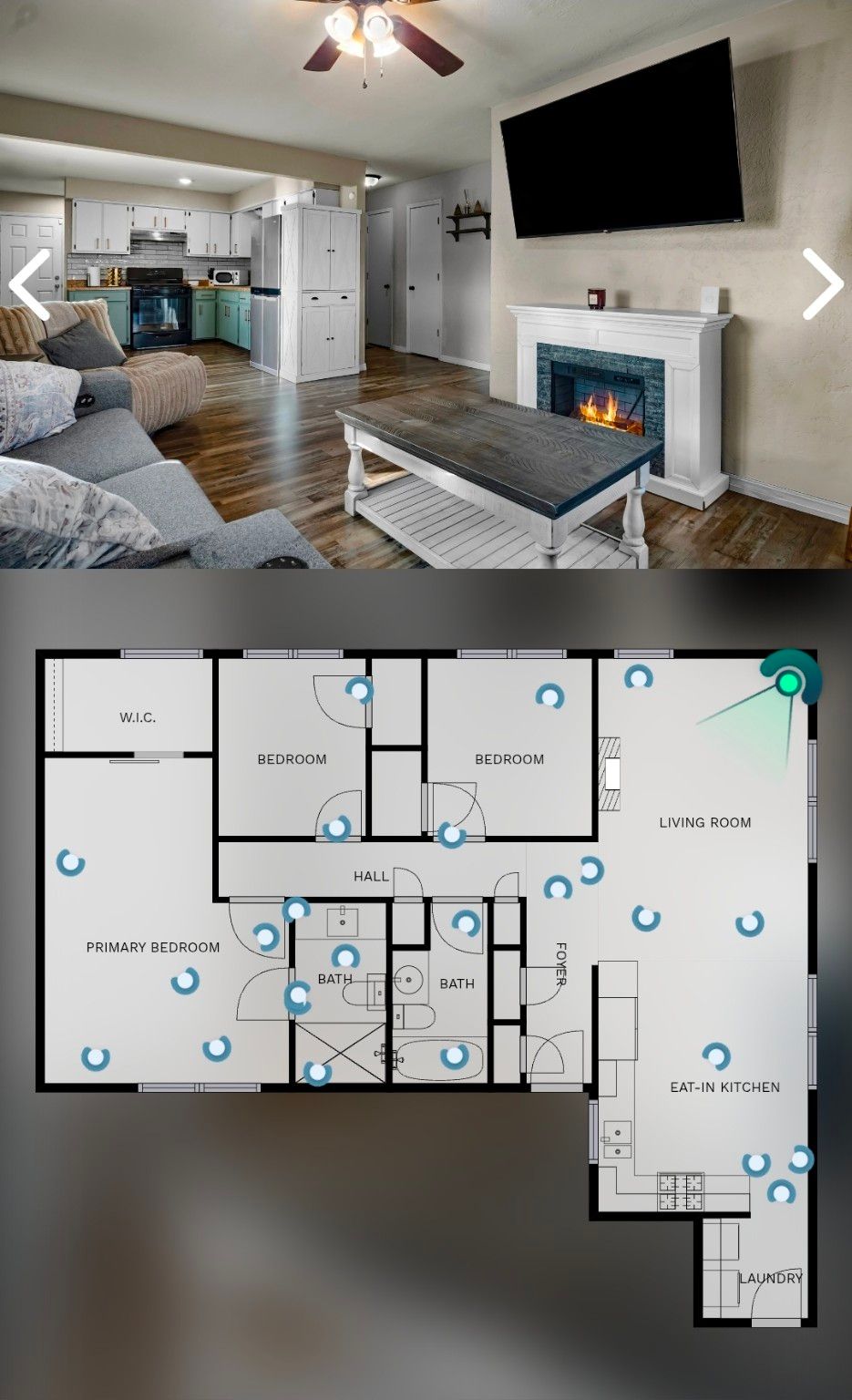 Modern living room with fireplace and floor plan showing layout of three-bedroom home.