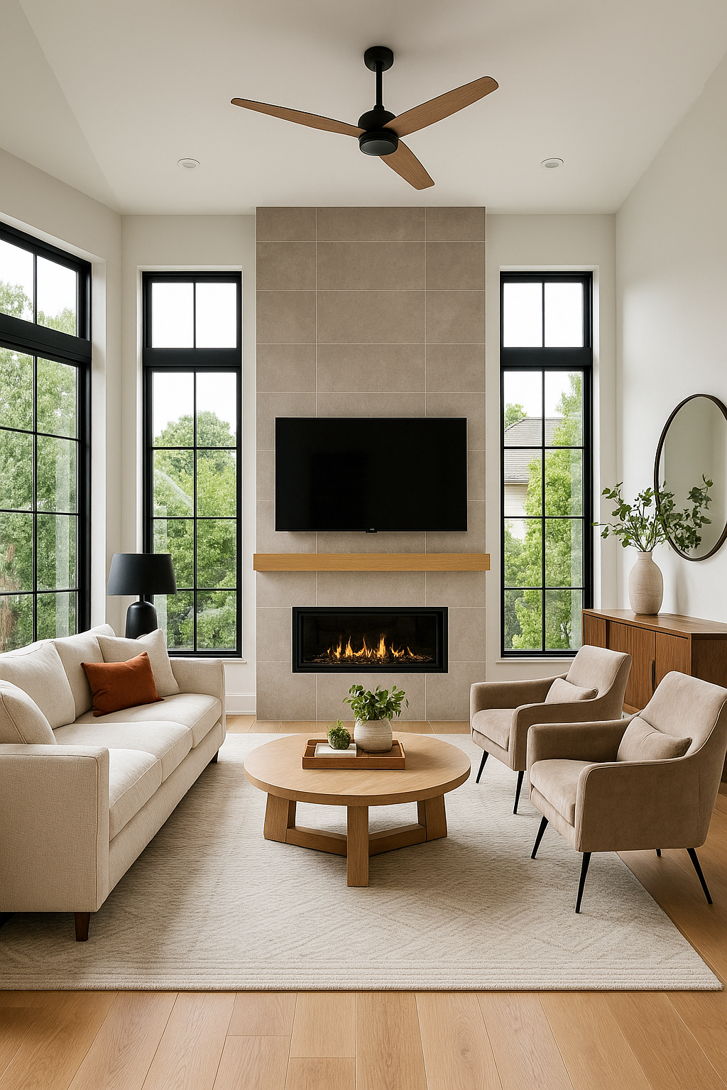 Contemporary living space with linear fireplace, modern furniture, and floor-to-ceiling windows.