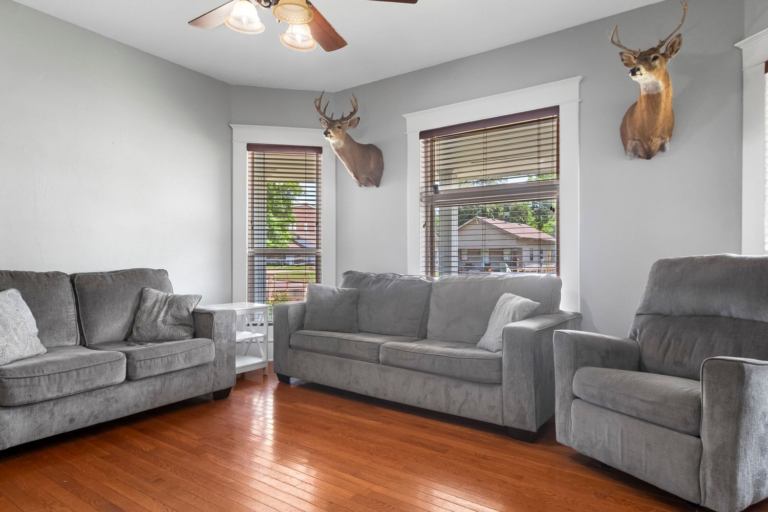 Living room with gray velvet couch, mounted deer head, and ceiling fan.