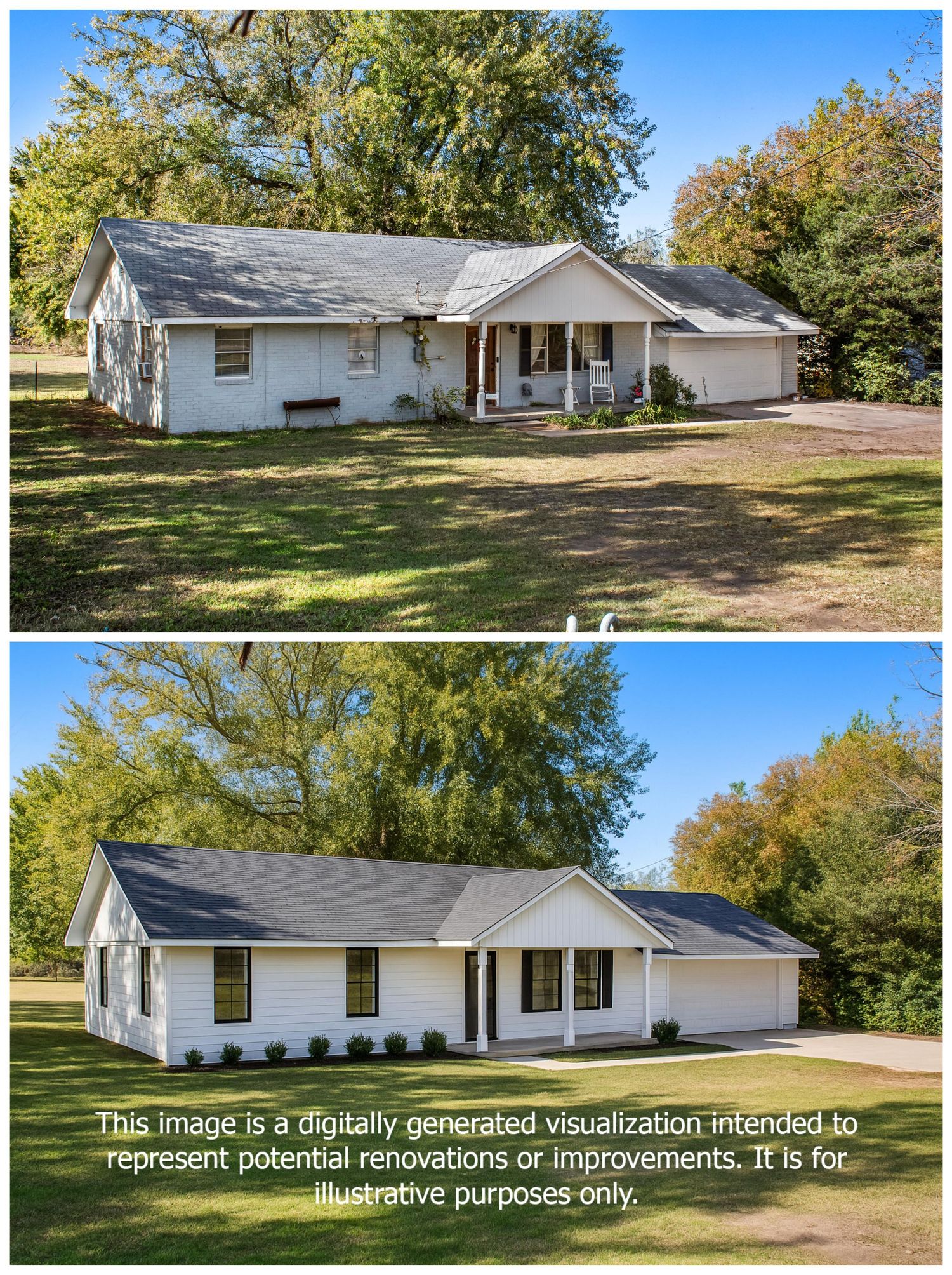 Exterior view of a white single-story ranch house with gray roof and landscaped yard.
