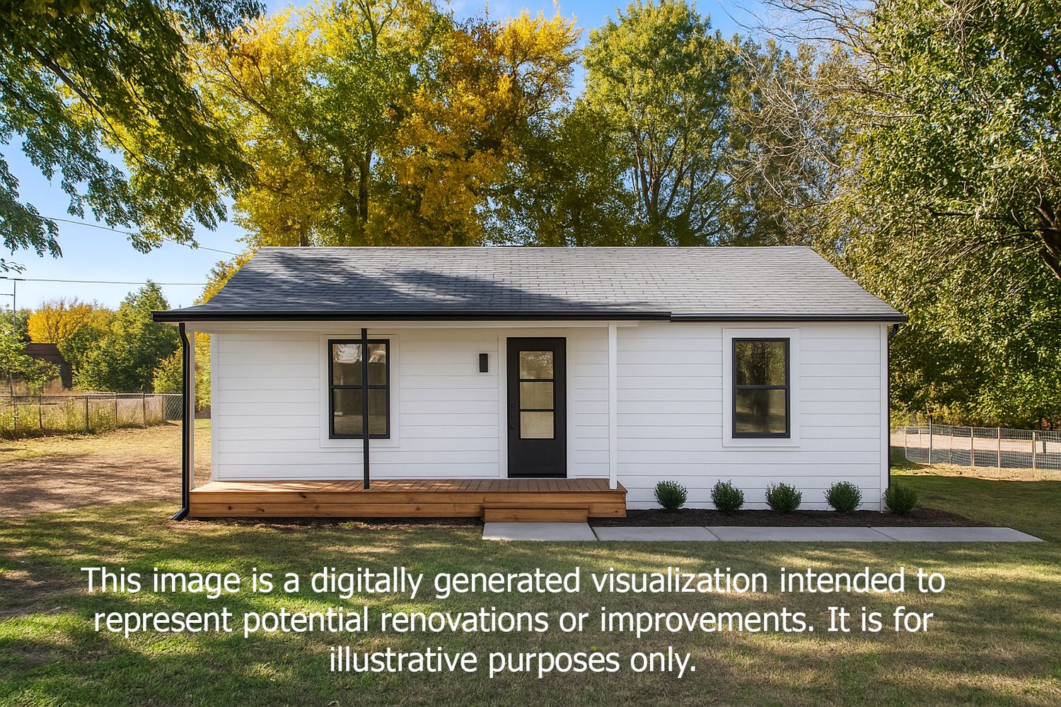 Small white cottage with black trim and windows shown as a digital renovation visualization.