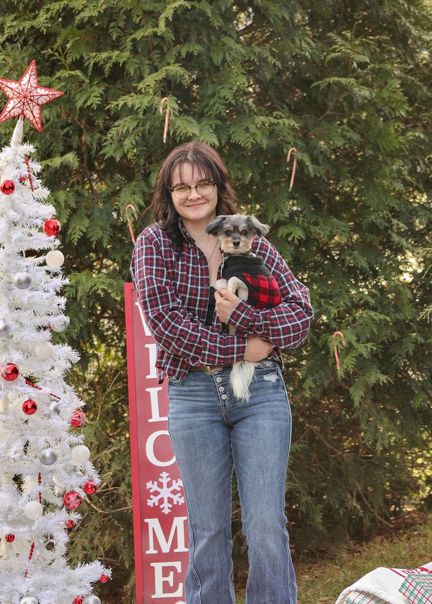A festive holiday scene with a white Christmas tree decorated with red ornaments and a wooden welcome sign by evergreen trees.