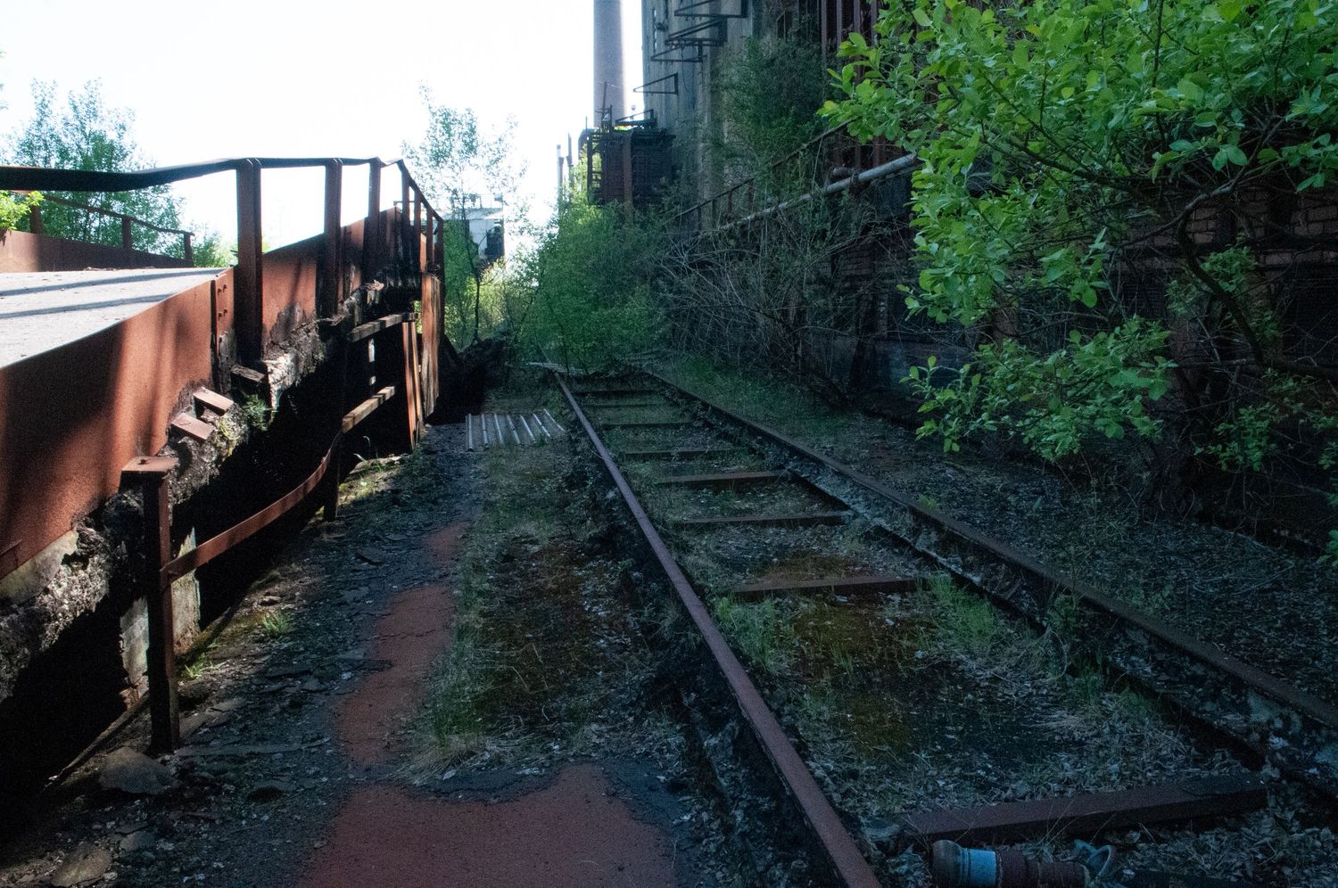 Disused railway tracks overgrown with vegetation, surrounded by decaying industrial buildings.  cwm coke works beddau urbex
