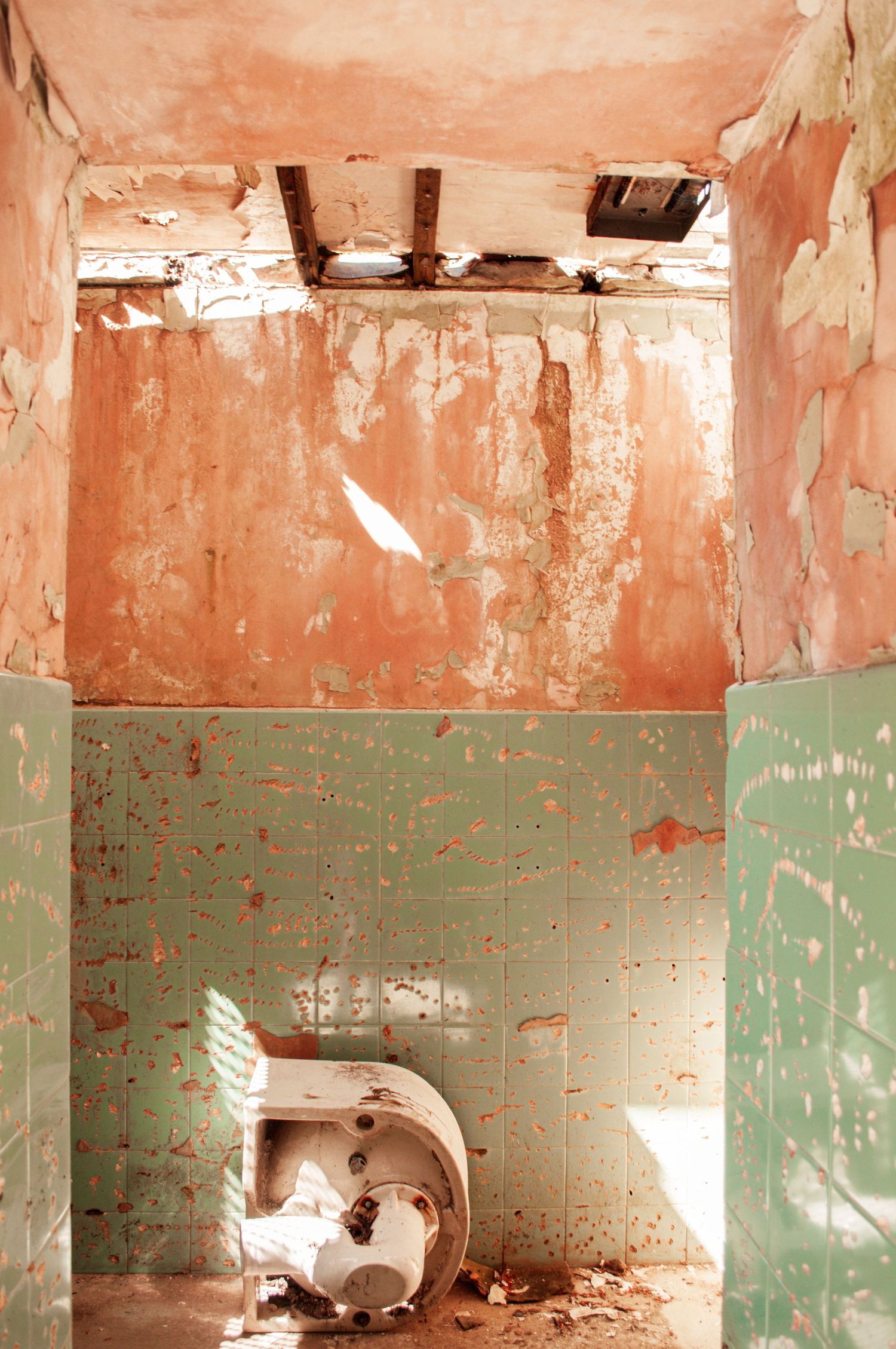 ash olion Decaying restroom with cracked paint, broken fixtures, and a damaged toilet bowl lit by soft natural light.