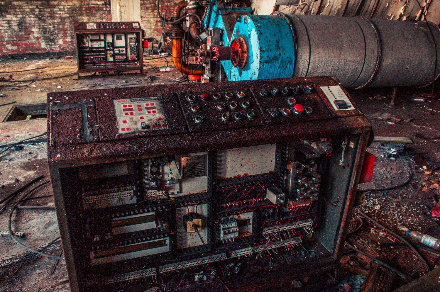 Rusted industrial control panel surrounded by debris, with pipes and machinery visible in the background. cwm coke works beddau 
ash olion