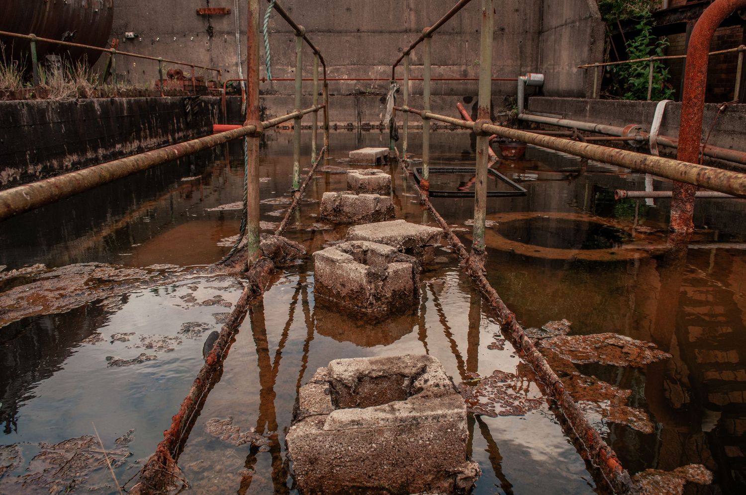 Decaying concrete walkway with rusted railings, surrounded by stagnant water and industrial debris inside an abandoned site. cwm coke works