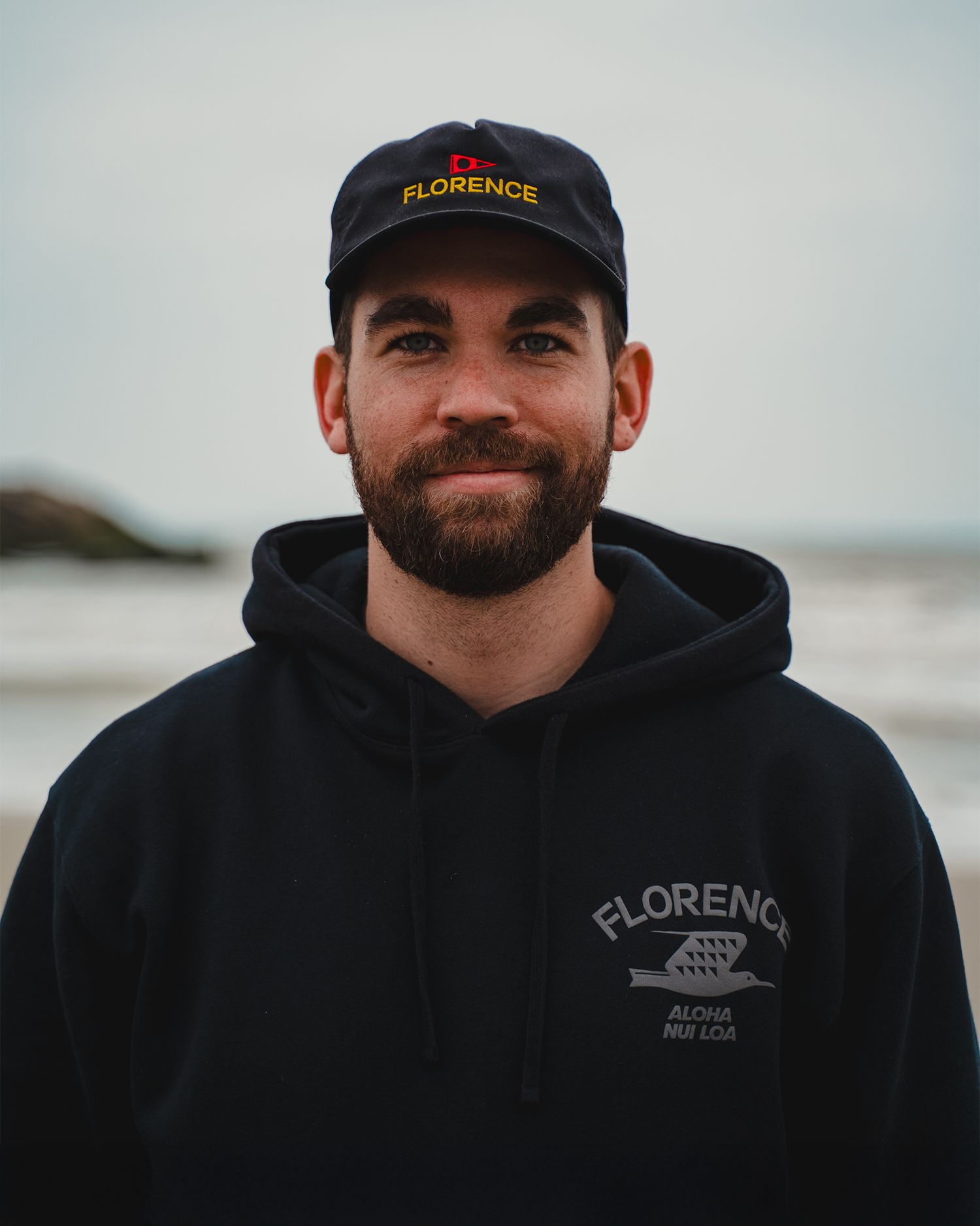 Series of profile shots showing person in black Florence hoodie and cap.
