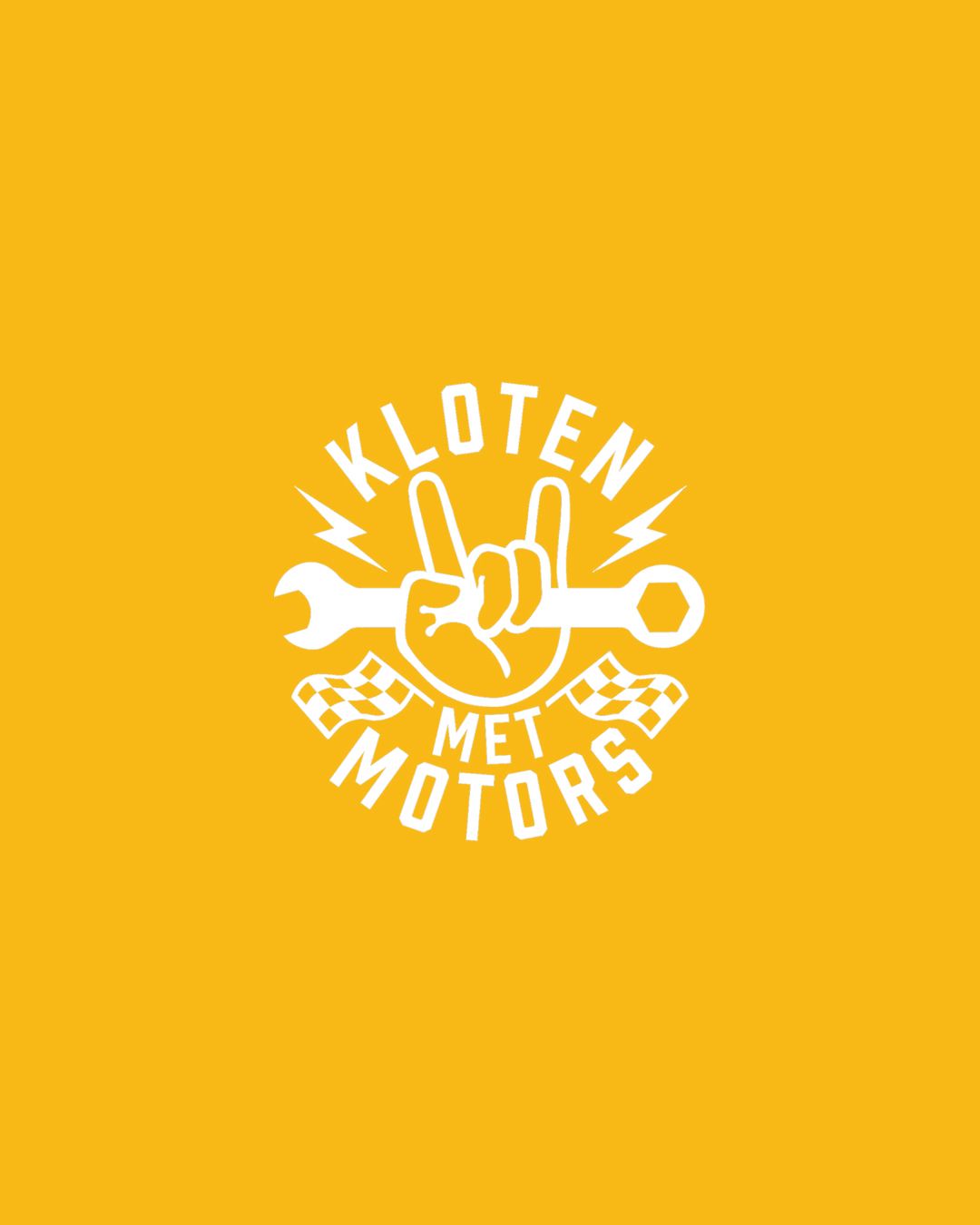 White rock hand gesture logo with wrench and checkered flags on yellow background for Kloten Met Motors.