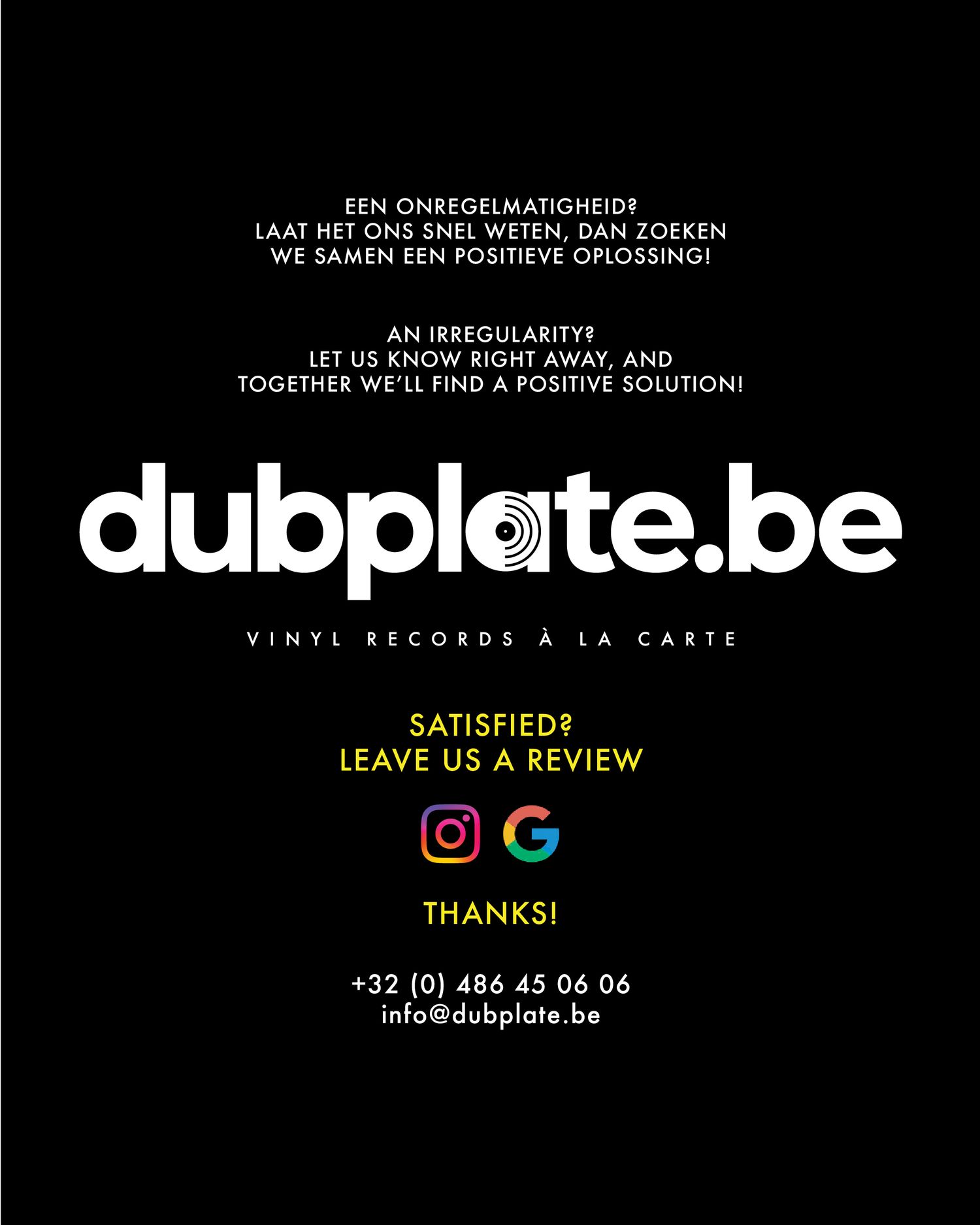 Black and white dubplate.be vinyl records and crate logo with contact information on dark background.