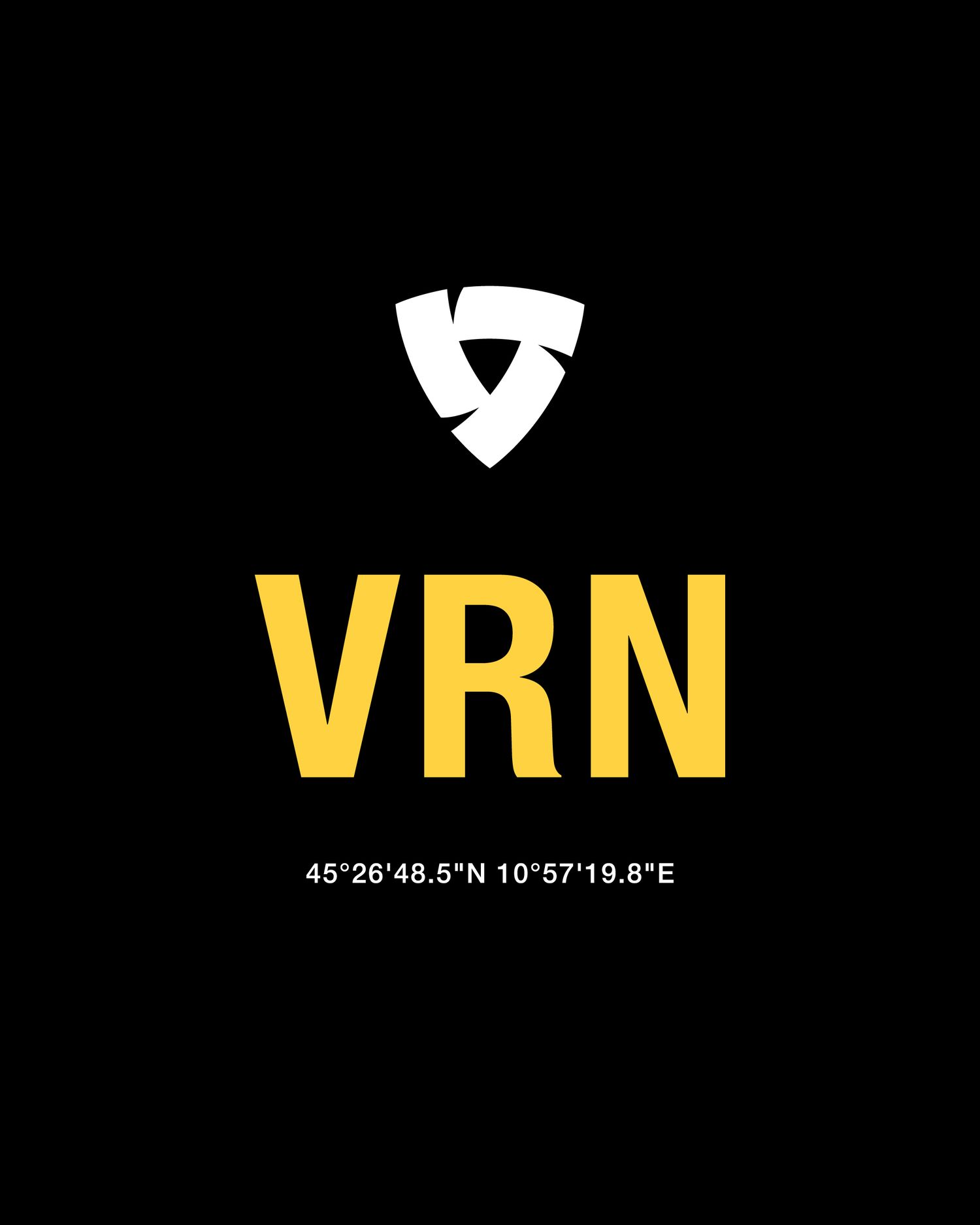 Minimalist black logo design featuring VRN text in yellow with coordinates and a white triangular emblem above.