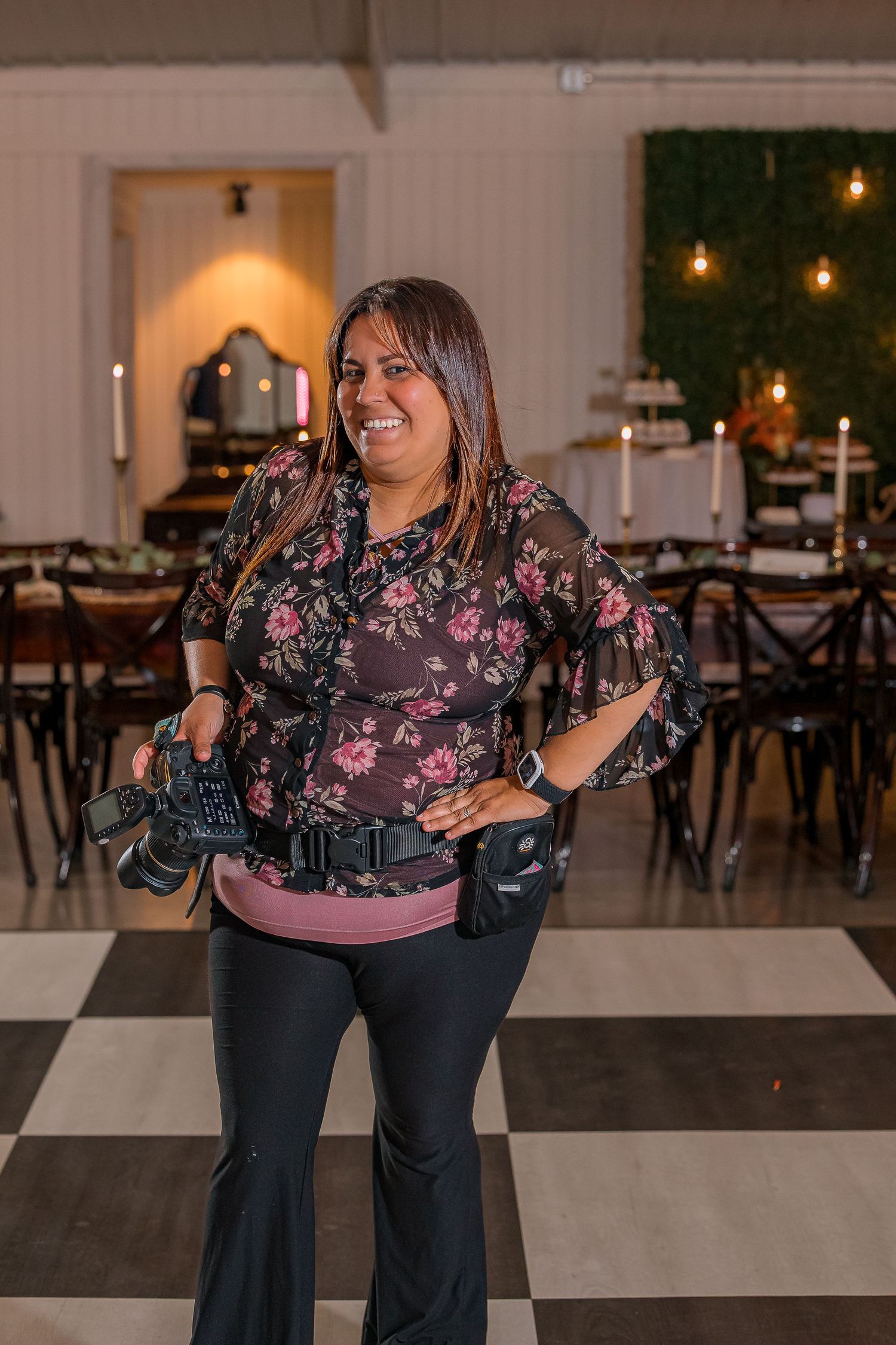 A series of photos showing someone in a floral top and dark pants posing in a dining room with ambient lighting.