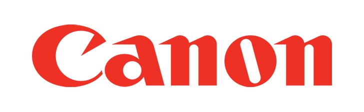 The red Canon logo features white stylized text with distinctive curved lettering on a plain background.