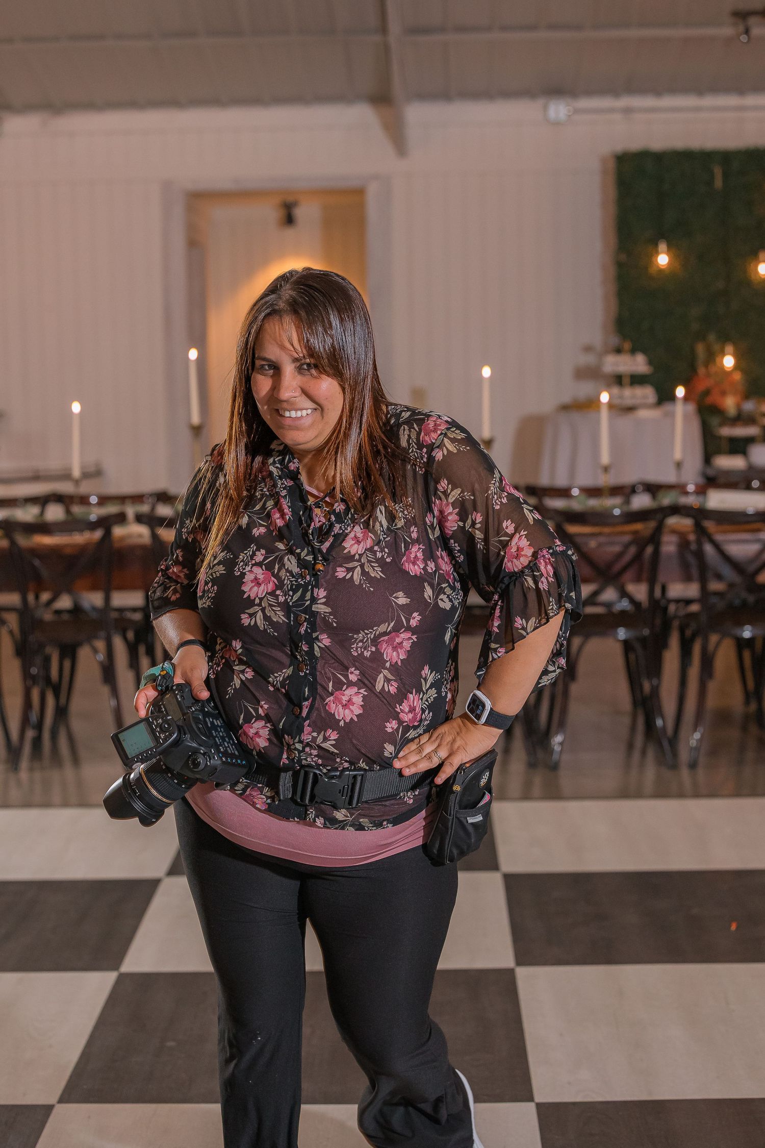 A series of photos showing someone in a floral top and black pants posing playfully in an elegant event space.