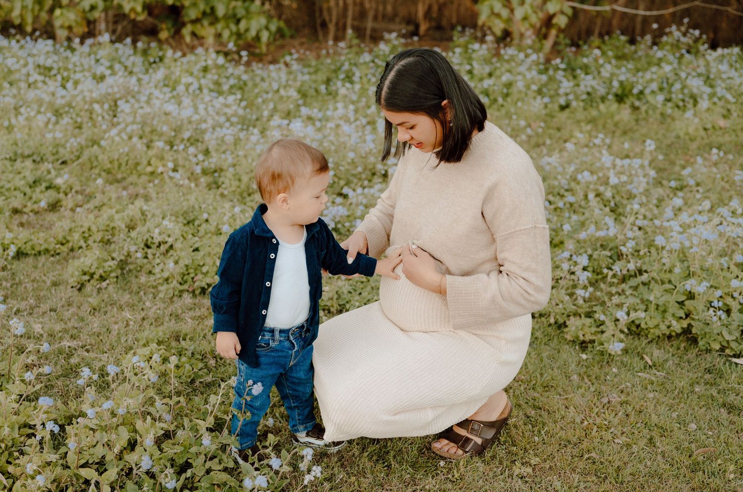 A tender outdoor family photoshoot in a field with soft lighting and natural surroundings.