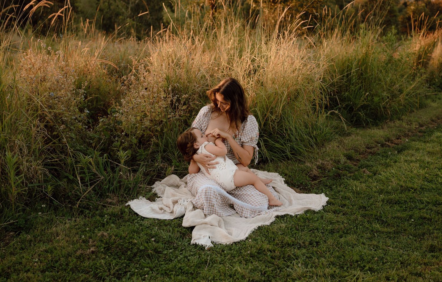 Peaceful outdoor scene with family on blanket at sunset.