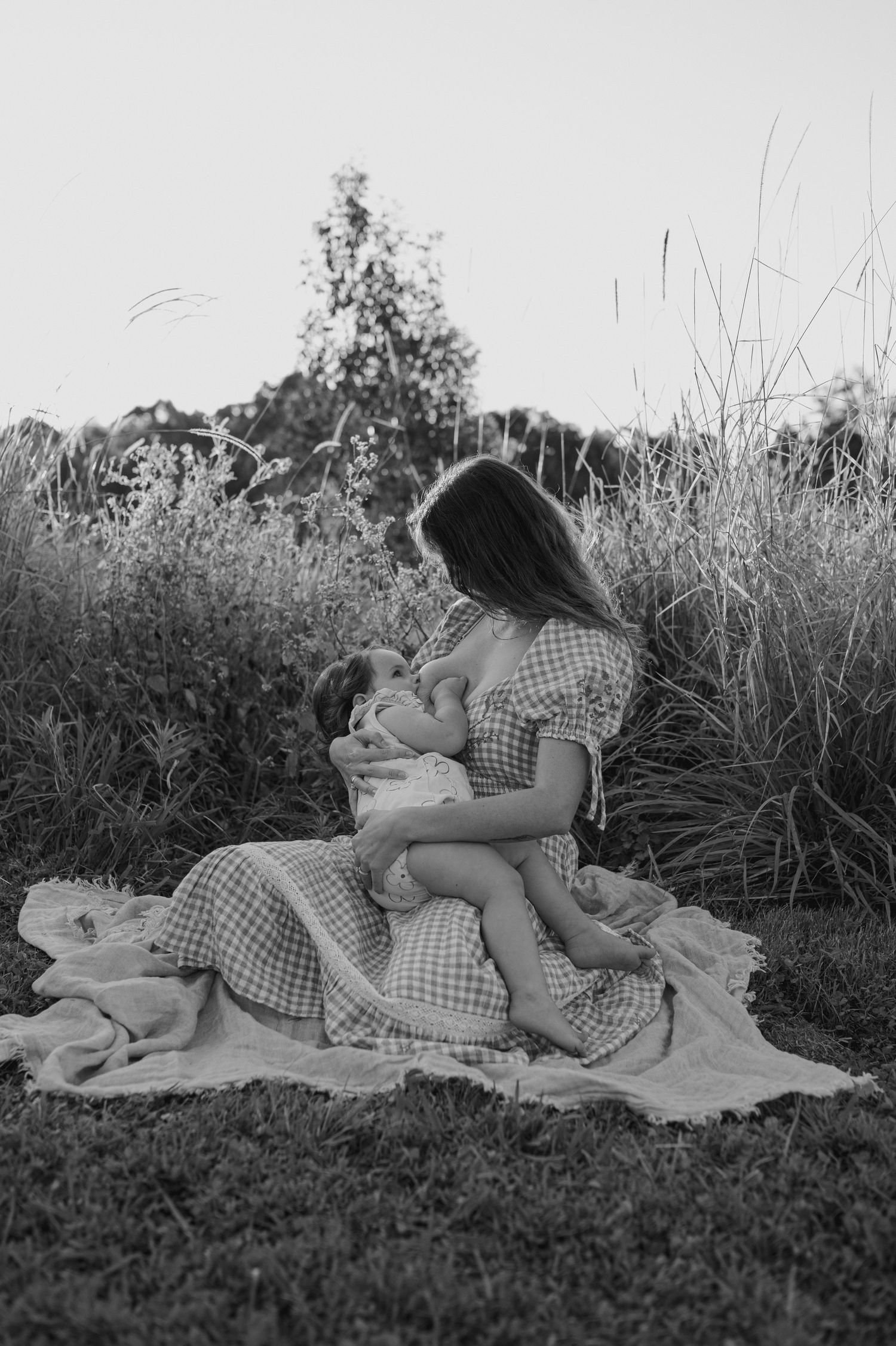 A figure in a gingham dress rests peacefully on a blanket in a grassy meadow.
