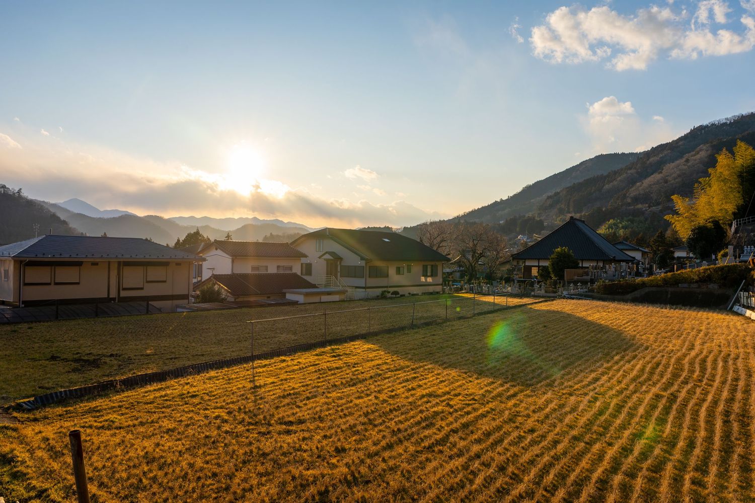Panoramic view of golden wheat fields stretching across rolling hills at sunset with mountains in the background.